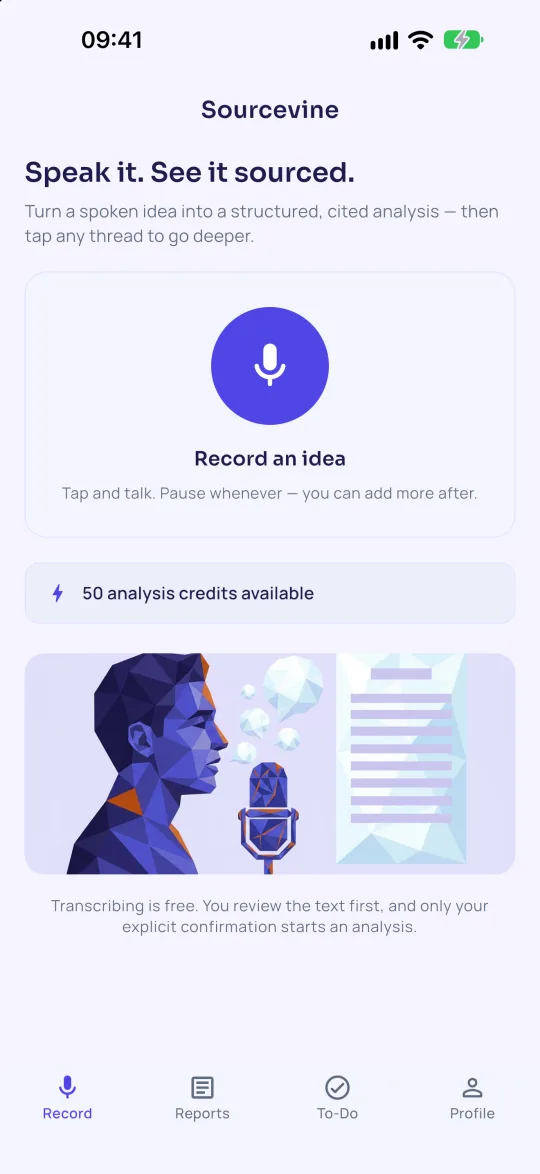 The Record screen: one button to start talking, with the balance you have left.