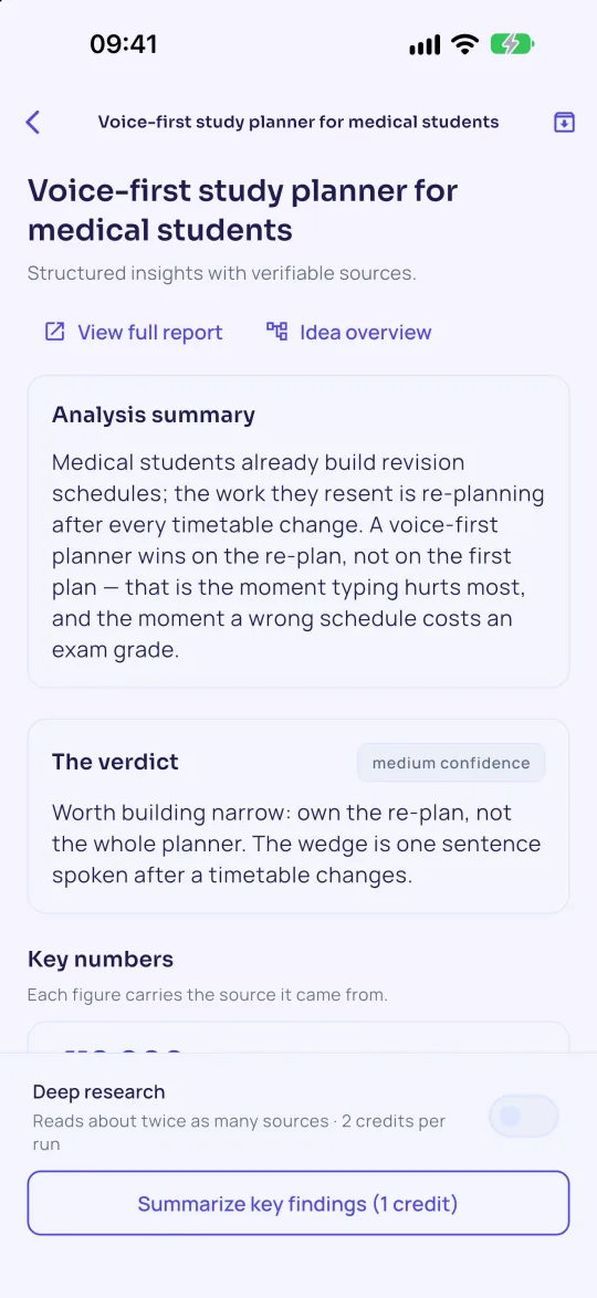 A Sourcevine report in the app: the analysis summary, the verdict with its confidence, and the key numbers, each carrying its source.